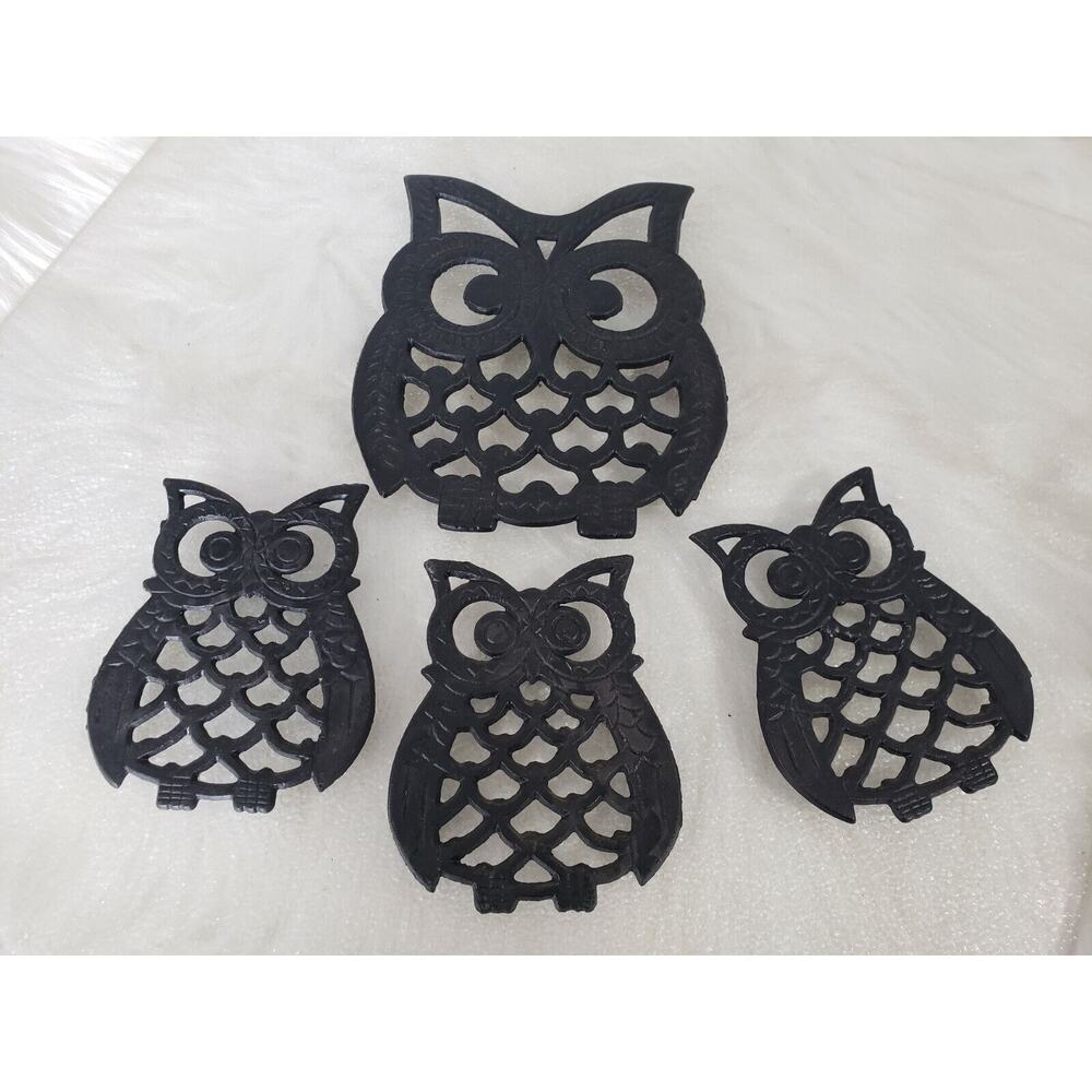 Vintage Lot Black Cast Iron Owl Trivet Wall‎ Hanging Taiwan Mod 70's Owl Decor